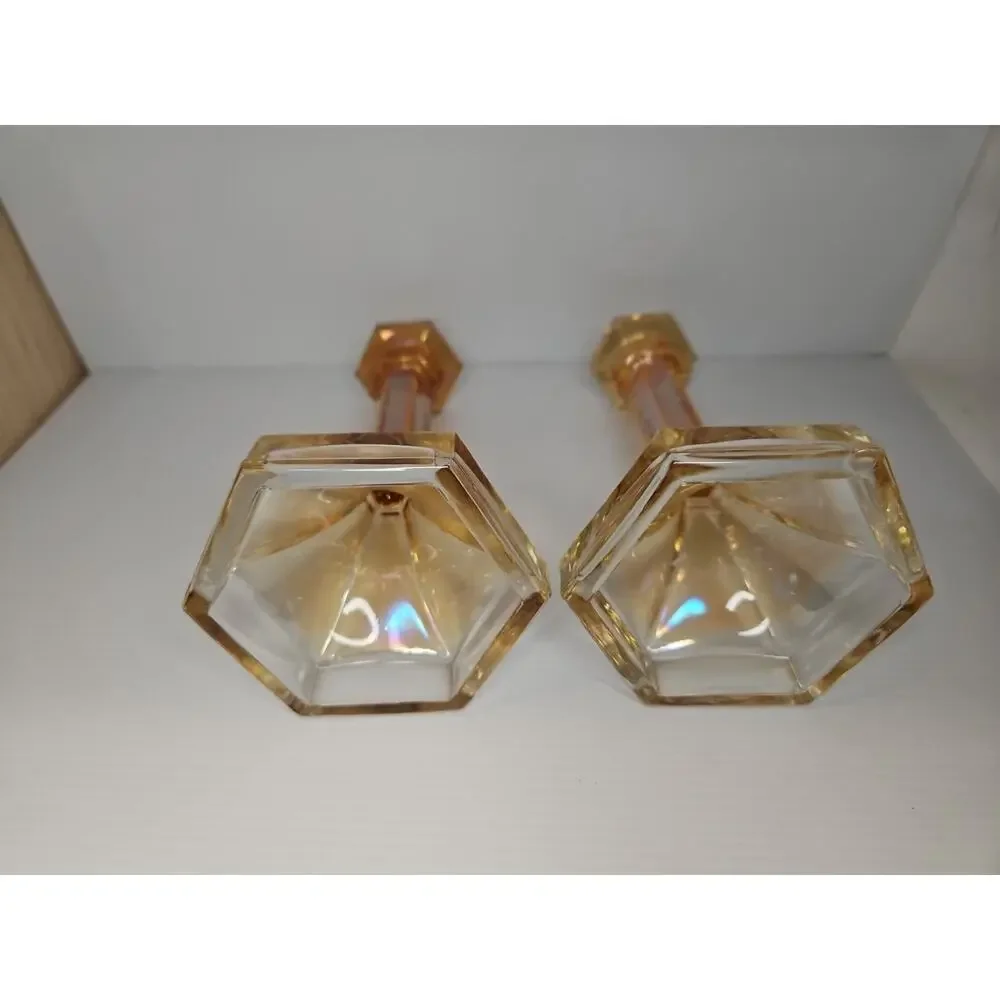 Vintage Lot of 2 Iridescent Marigold Carnival Glass Candle Stick Holders 7